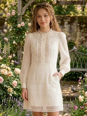 Cream Lace High-Neck Long Sleeve Mini Dress